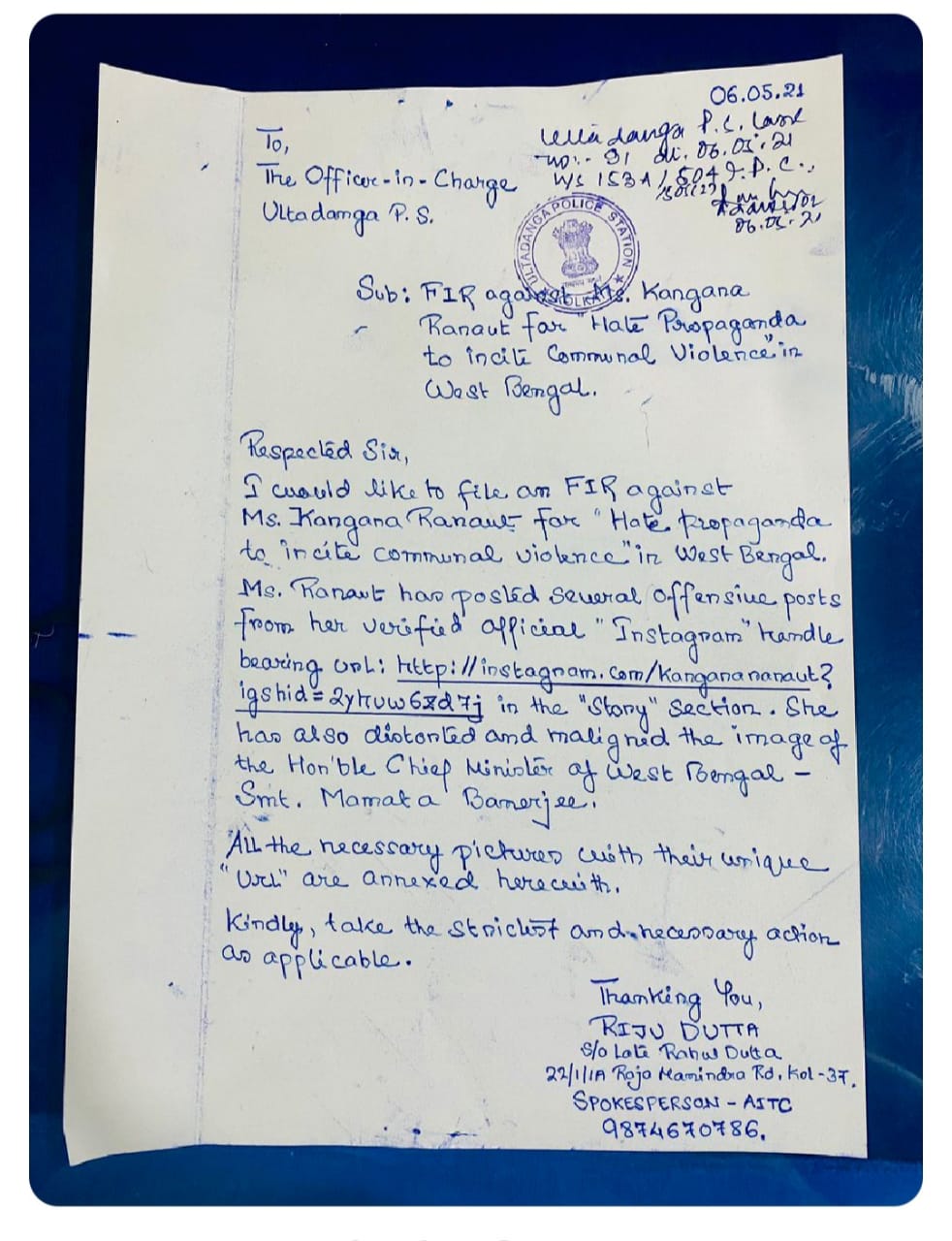 Complaint against Kangana Ranaut by Dr. Riju Dutta