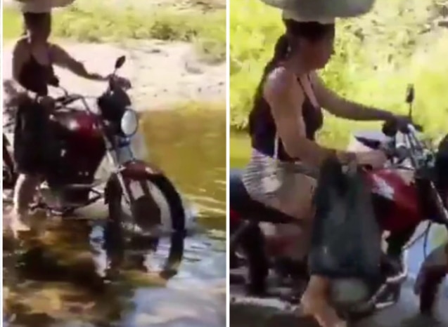 Viral Video: Woman Rides Bide on Water With Utensils on Her Head, People Stunned By Her Talent | Watch