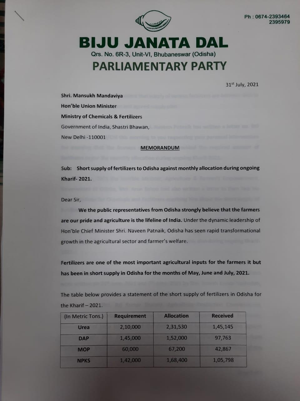 Odisha MPs submit memorandum to Union Minister Mansukh Mandaviya