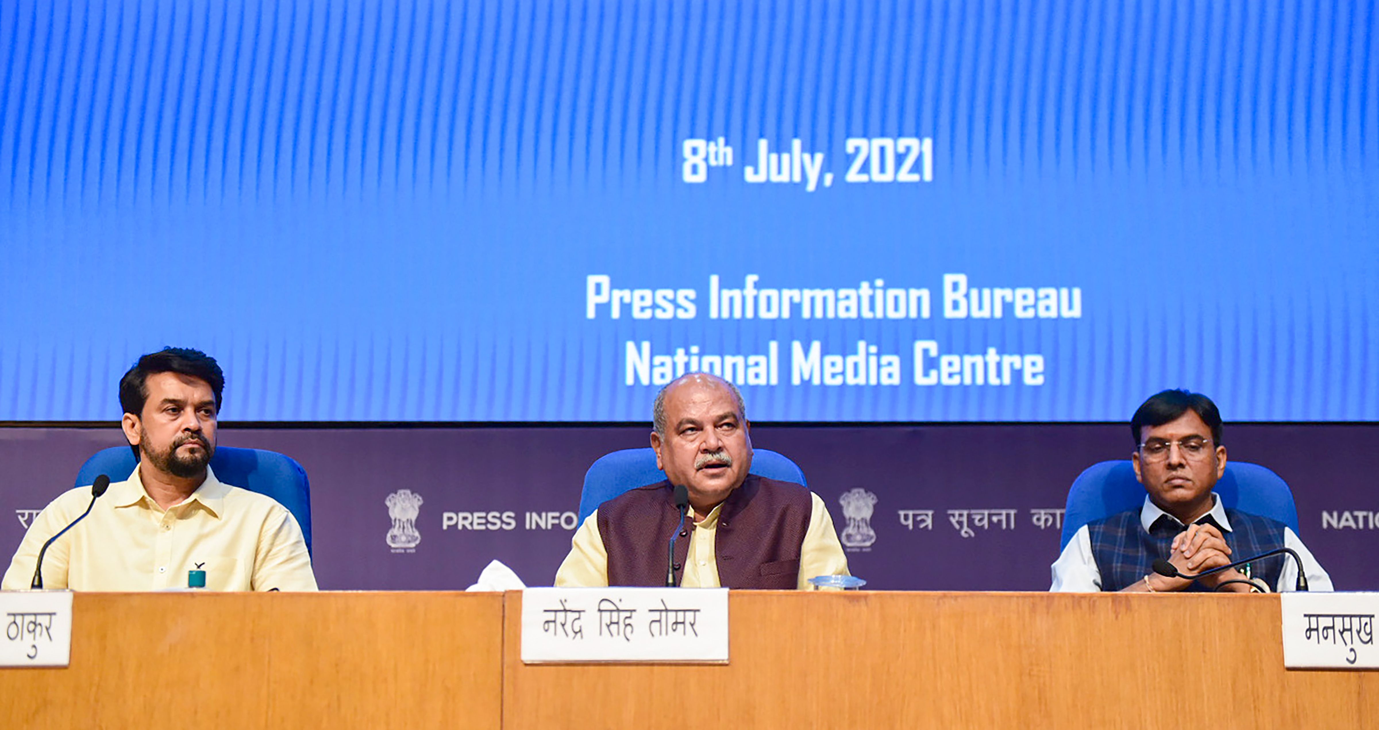 Union Minister for Agriculture & Farmers Welfare Narendra Singh Tomar, Union Minister for Health and Family Welfare Mansukh Mandaviya and Union Minister for Information & Broadcasting Anurag Singh Thakur, address a press conference on Cabinet decisions, in New Delhi. (PTI Photo)