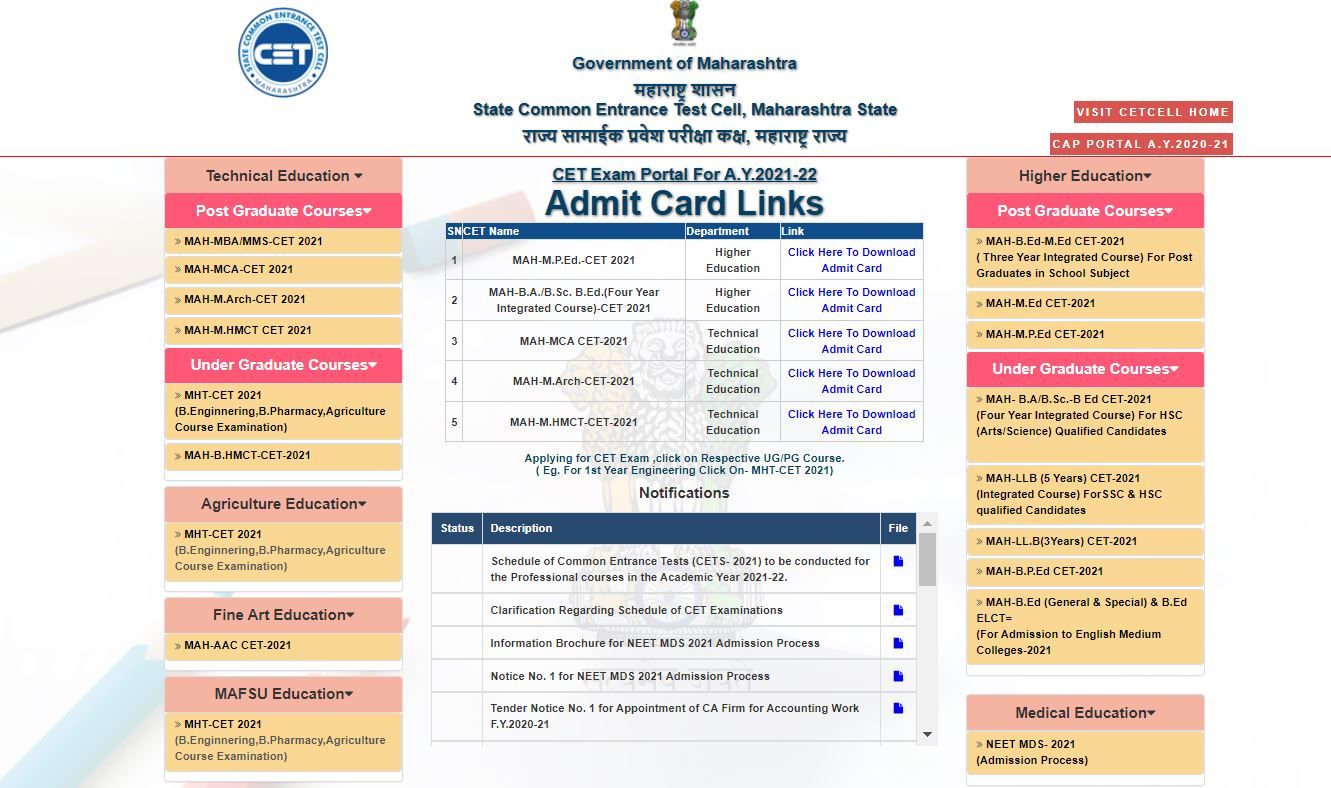 Maharashtra CET 2021 Admit Card 2021 for Various Exams Released at Here