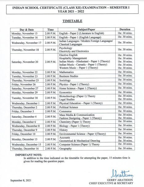 Icse Class Isc Class Semester Time Table Download Icse Isc Date Sheet Via Direct