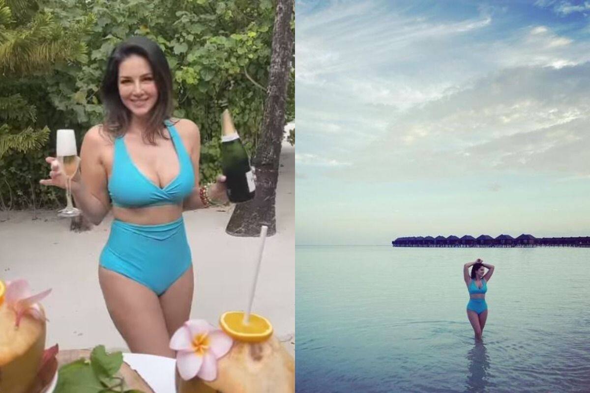 Sunny Leone Takes a Dip Into The Blue In Hot Deep Neckline Bikini As She  Vacays In Maldives See Bold Pics