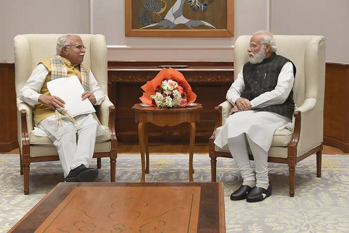 Prime Minister Narendra Modi with Haryana Chief Minister Manohar Lal Khattar during their meeting, in New Delhi. (PTI Photo)