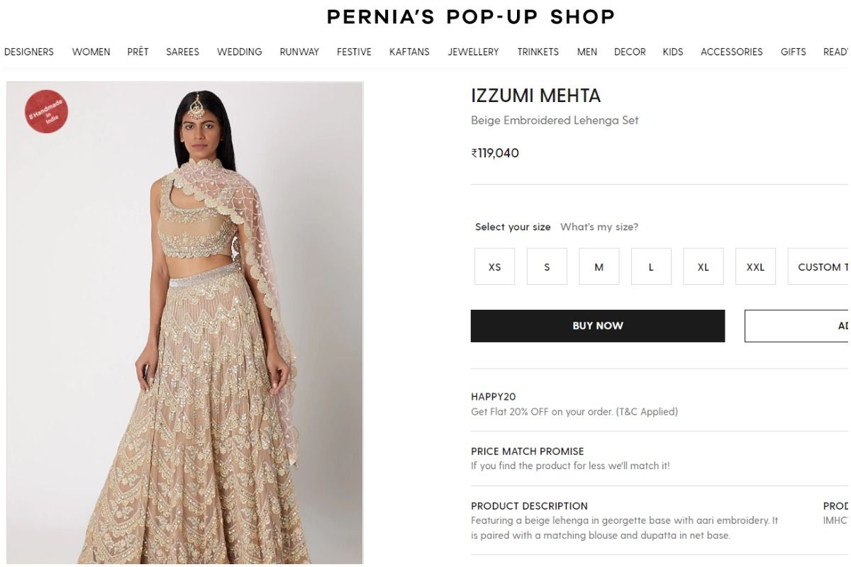 The Beige Embroidered Lehenga Set. Picture Credits: Official Website (www.perniaspopupshop.com)