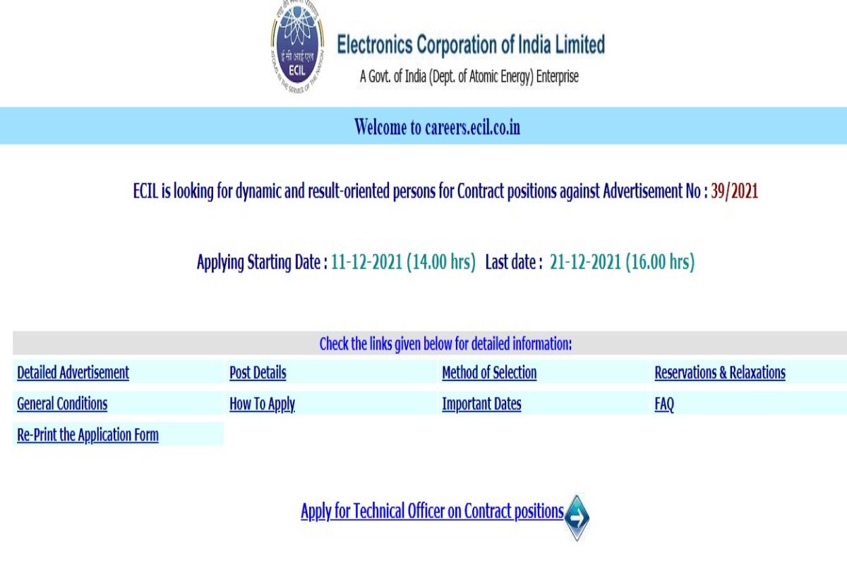 ECIL Recruitment 2021: Notification Out For 300 Technical Officer Posts on careers.ecil.co.in | Apply Via Direct Link Here