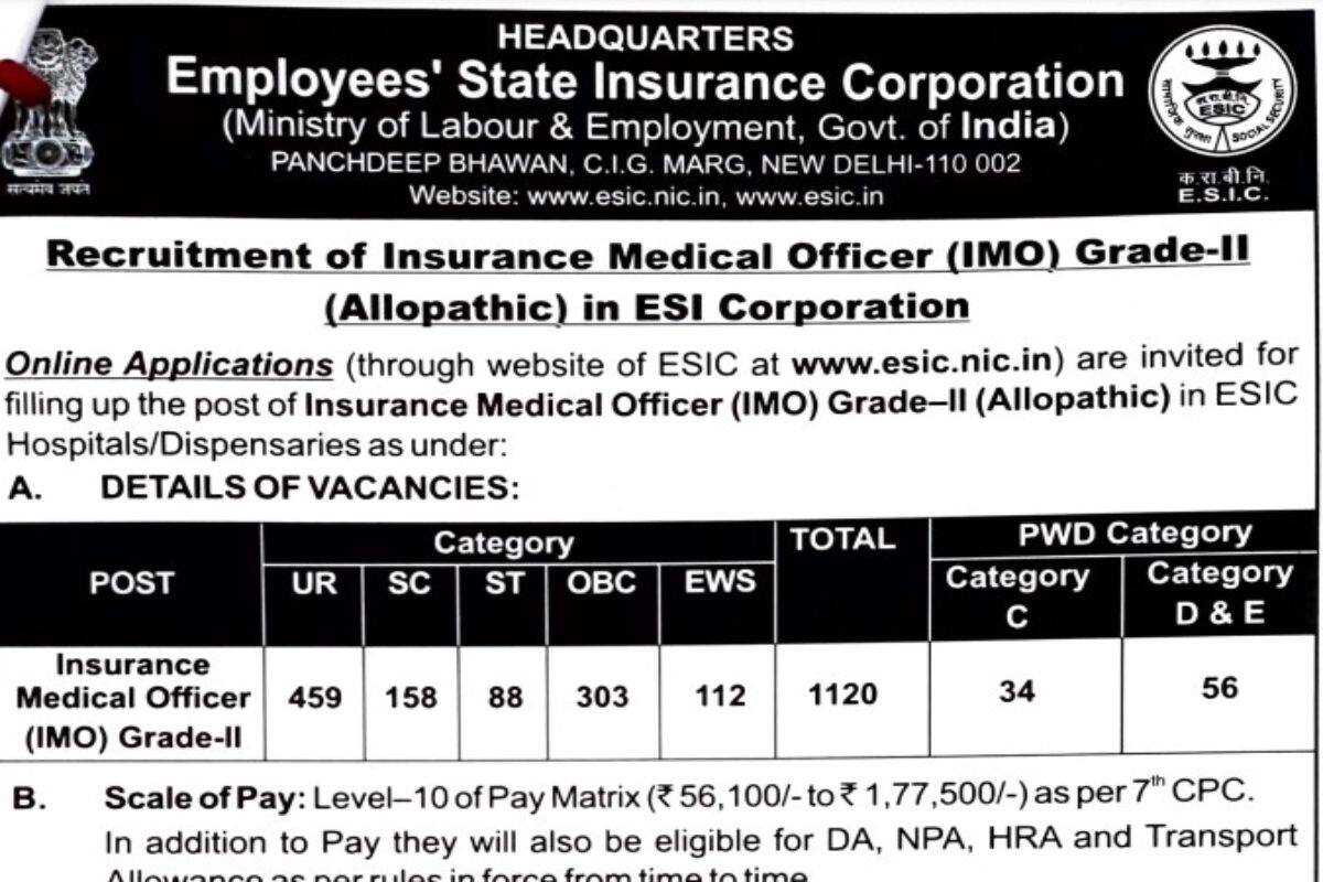 ESIC Delhi Recruitment 2022: Registration For 1120 Insurance 
