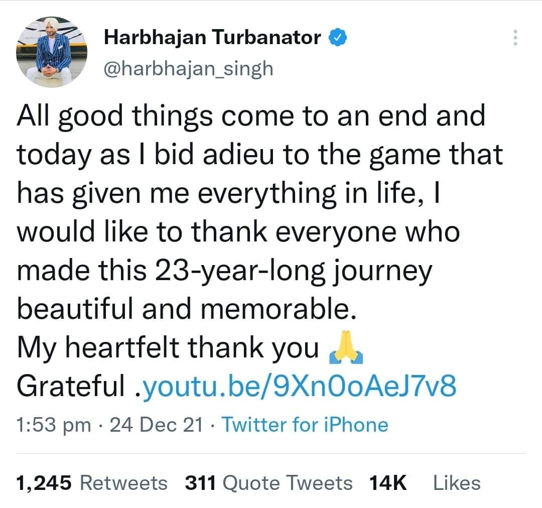Harbhajan Singh retirement twitter | Harbhajan Singh retirement: टेस्ट मैच  में हैट्रिक लेने वाले पहले भारतीय गेंदबाज हरभजन सिंह के नाम हैं कई और  शानदार रिकॉर्ड | Gallery ...