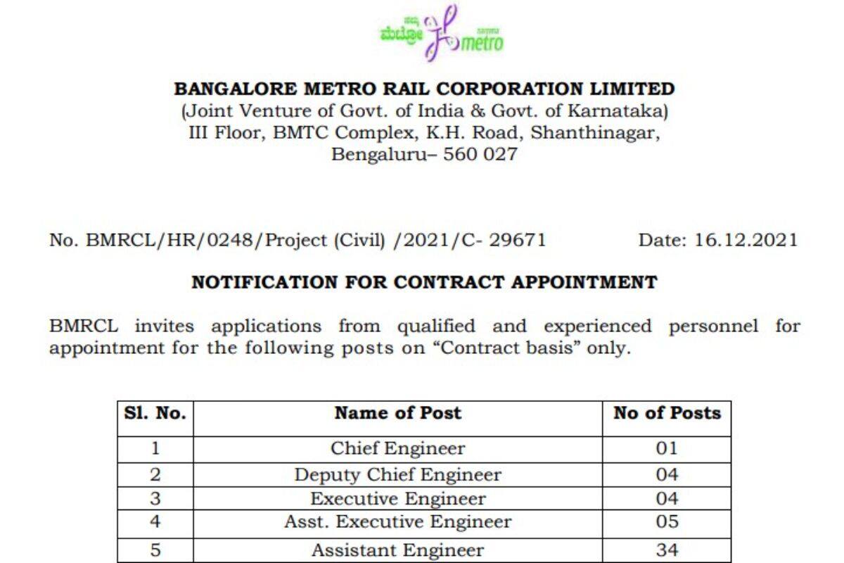 BMRCL Recruitment 2022: Notification Out For Several Posts on bmrc 