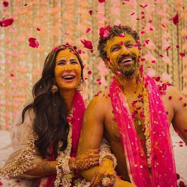 Katrina and Vicky pose together during Haldi ceremony (Picture Credits: Vicky Kaushal/Instagram)