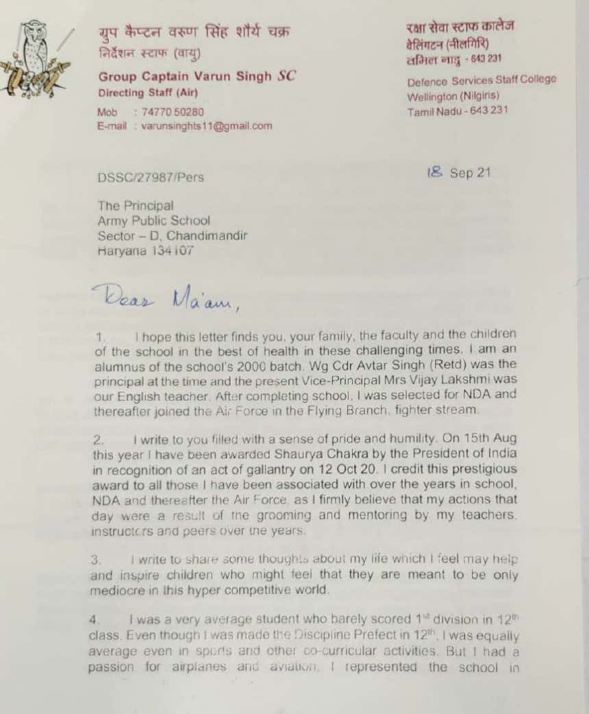 ‘Never lose hope’: Group Captain Varun Singh, who survived crash, in letter to his school