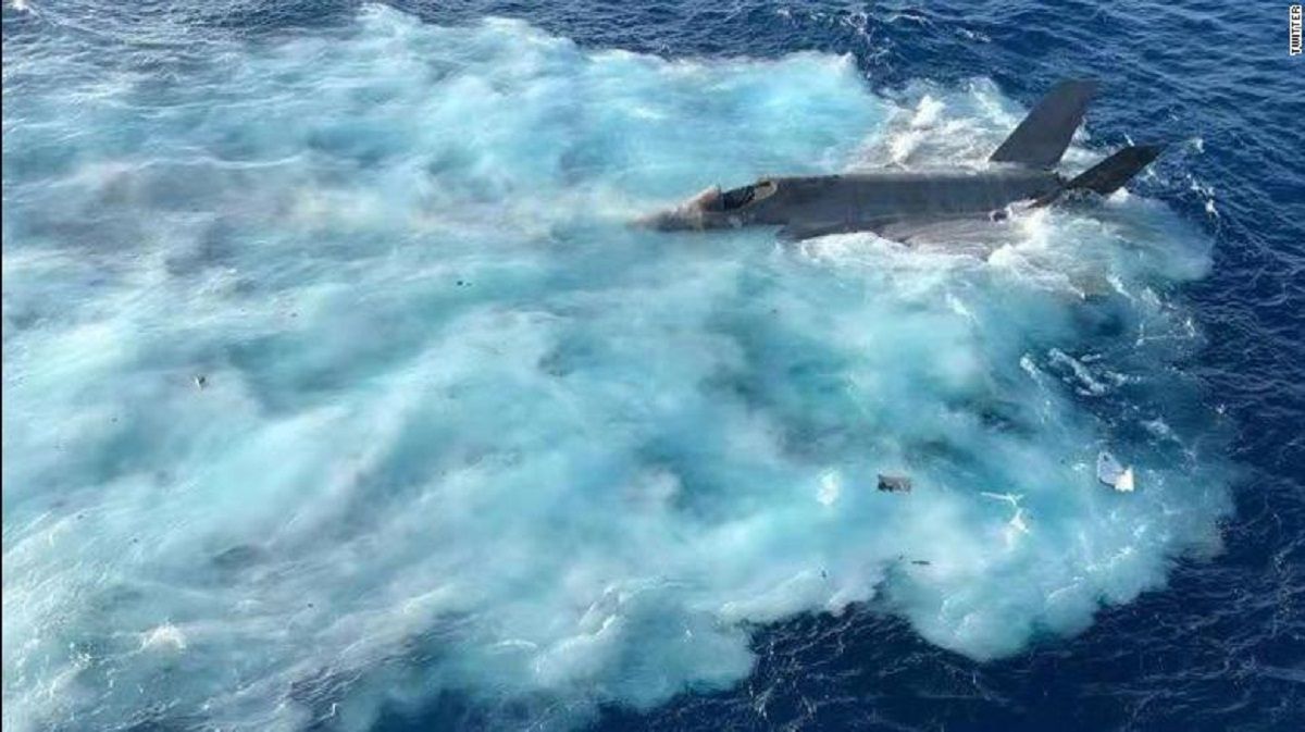 Image from social media shows a US Navy F-35C in the South China Sea after attempting to land on the aircraft carrier USS Carl Vinson.