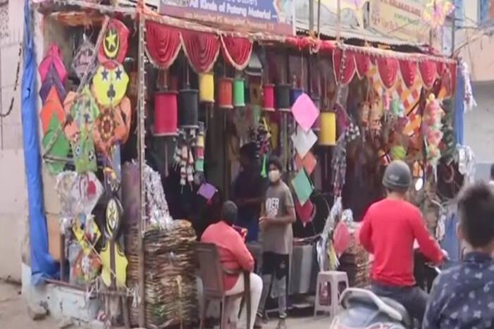 A day before Makar Sankranti, shops in Dhoolpet were decorated with different colours of kites, manjha and lanterns that will be floated in the sky at night. (Photo: ANI)