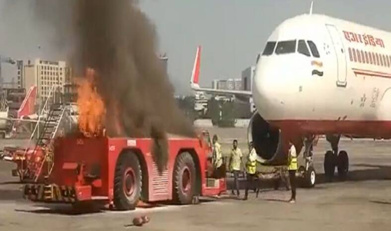 Video: Major Accident Averted at Mumbai Airport As Tug Van Near Aircraft Catches Fire | Watch