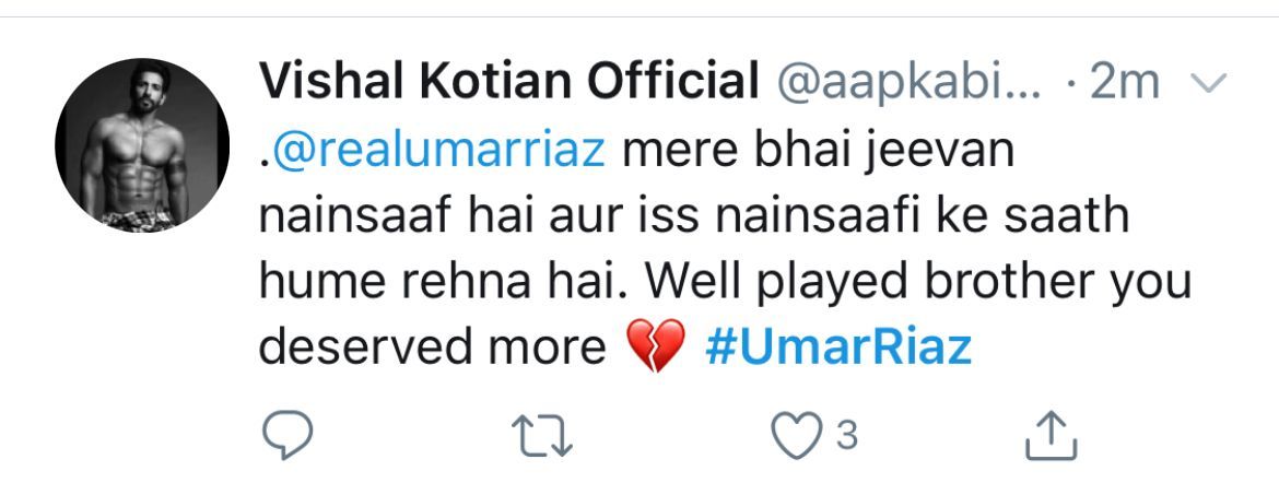 Vishal Kotian's tweet for Umar Riaz