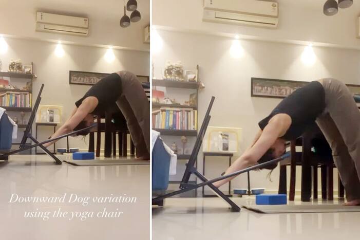 Shruti Seth Performs Downward Dog Variation With The Help of Yoga Chair | Know Its Health Benefits Here. Picture Credits: Instagram (@shru2kill)