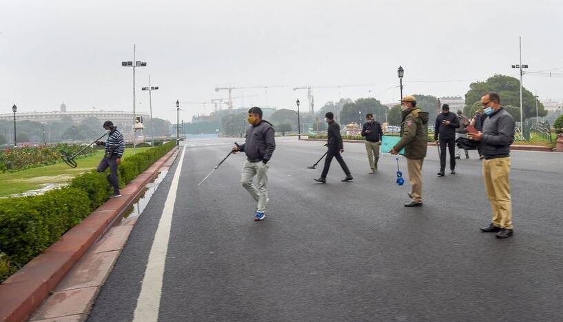 Police personnel patrol near the Parliament House during COVID-19 weekend curfew, at Vijay Chowk in New Delhi, Sunday, Jan. 9, 2021. (PTI Photo)