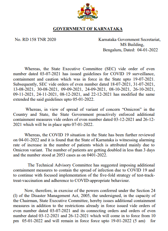 Karnataka Imposes Weekend Curfew Amid Omicron Cases, Bans Public ...