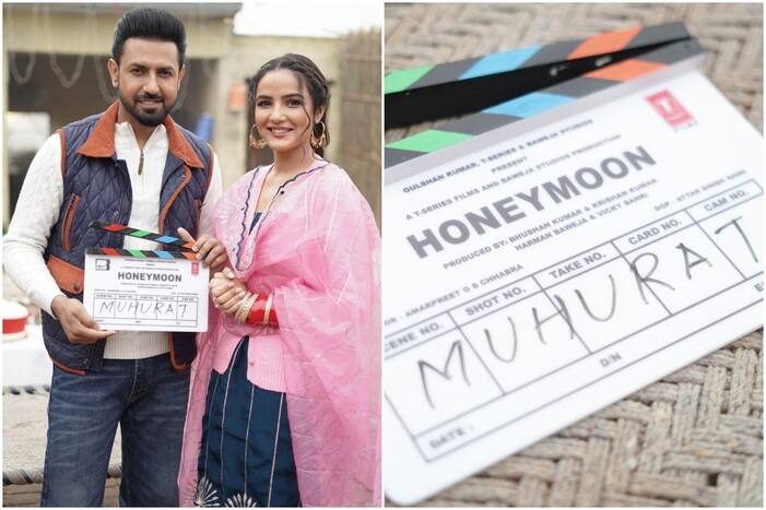 Jasmin Bhasin Poses With Gippy Grewal As 'Honeymoon' Goes On Floor, Aly Goni Says 'So Happy'