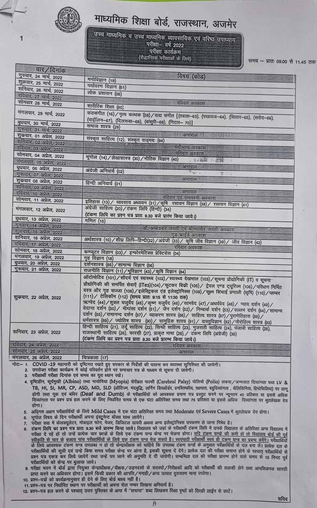 Rajasthan Board Exams 2022: Schedule of 10th, 12th examinations of Rajasthan Board