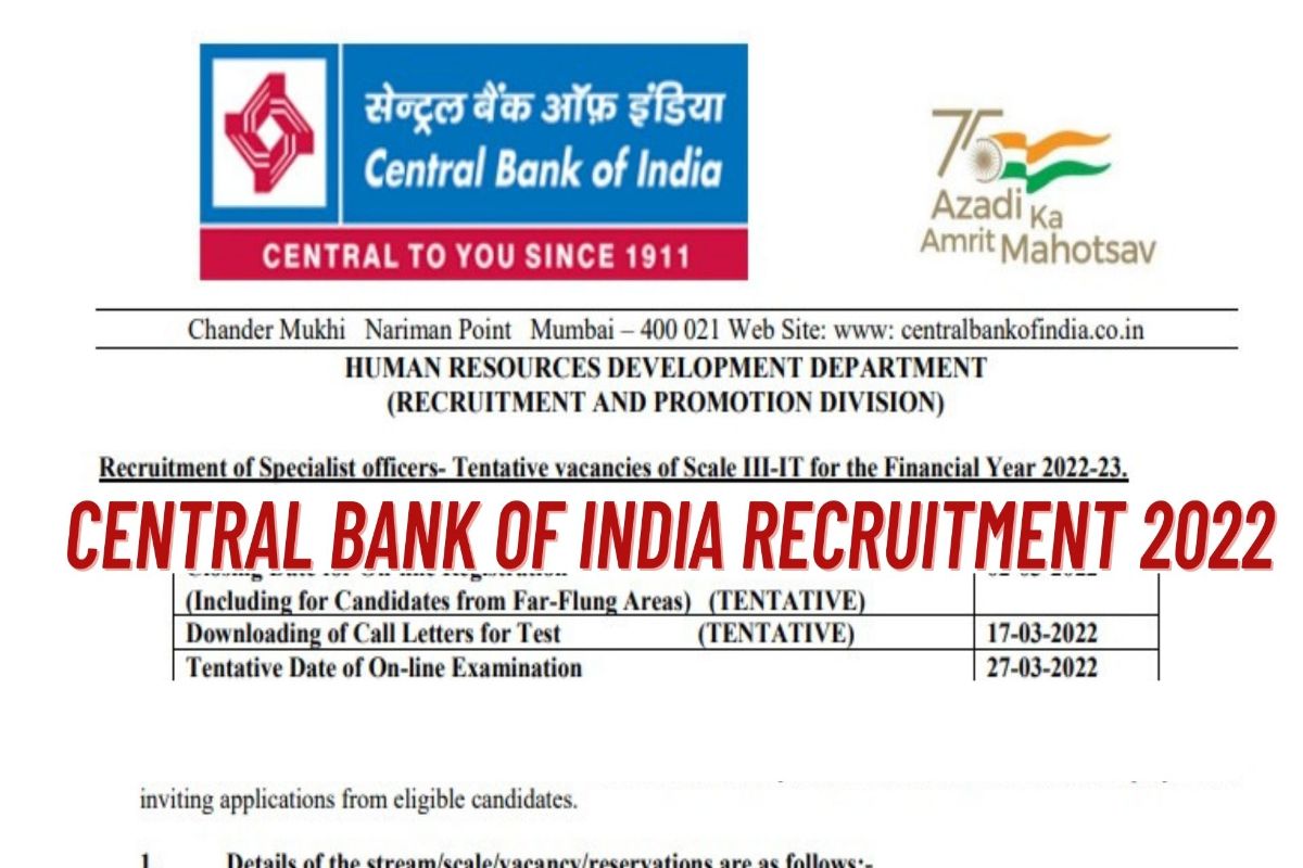 Central Bank of India Recruitment 2022 Apply For 19 Posts at