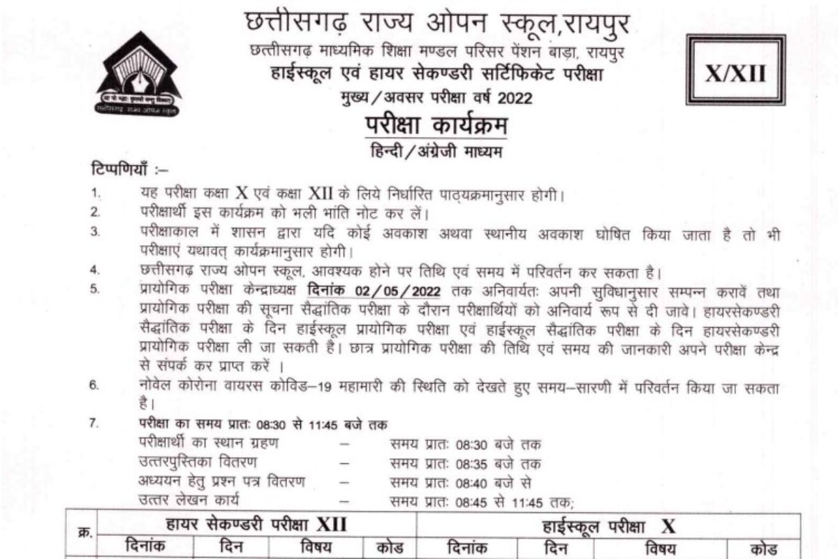 Chhattisgarh Open School Exam 2022 CGSOS Class 10 12 Exam Timetable Chhattisgarh Open School Exam 2022 CGSOS Class 10 12 Exam Timetable
