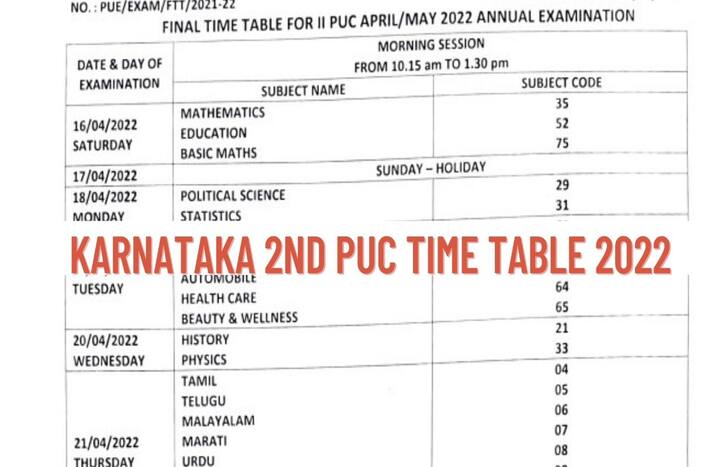 Karnataka 2nd PUC Time Table 2022