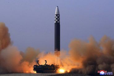 (This photo distributed by the North Korean government shows what it says a test-fire of a Hwasong-17 intercontinental ballistic missile (ICBM), at an undisclosed location in North Korea on March 24, 2022.)