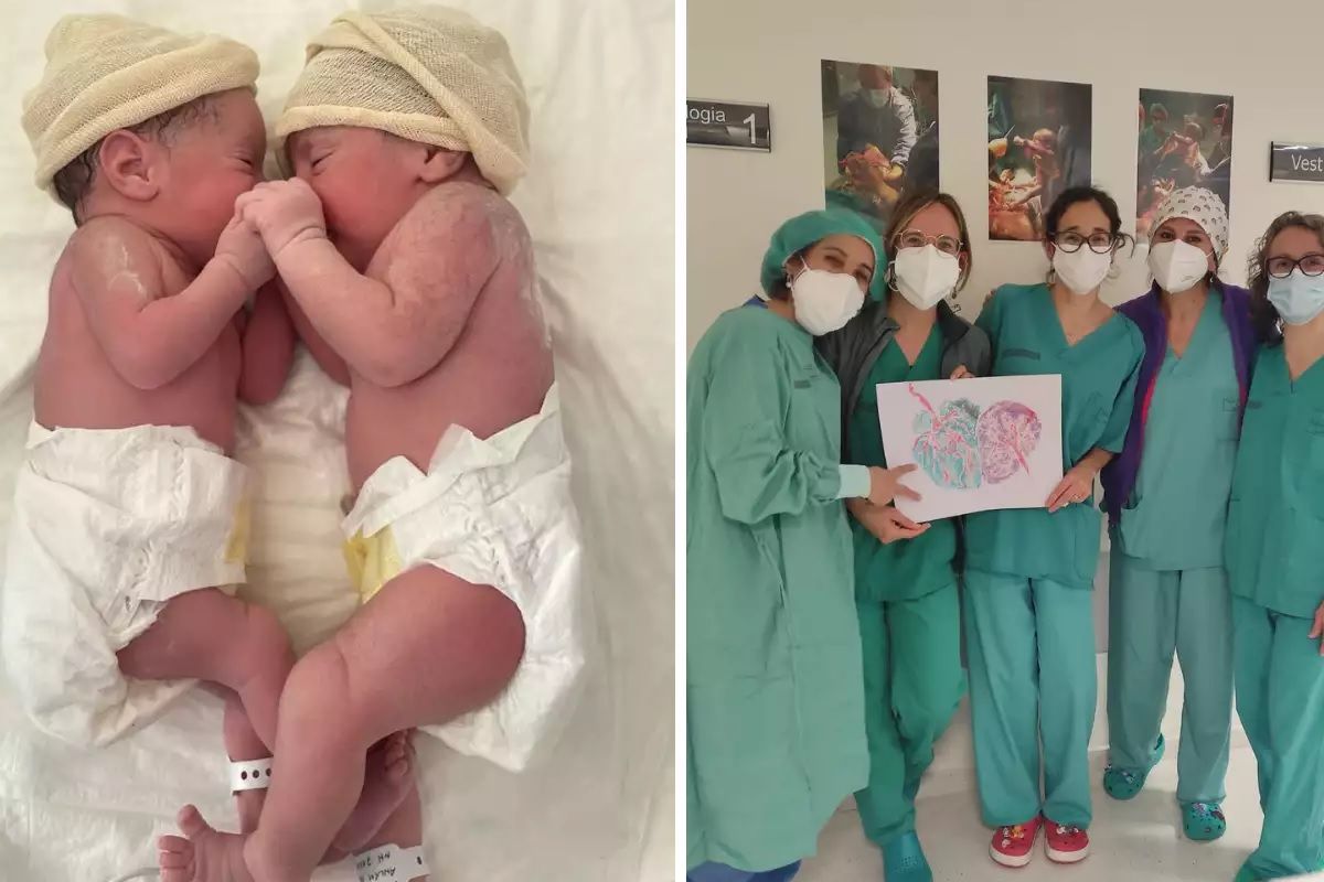 A baby twin girl was born via cesarean section with the amniotic sac still intact at a hospital in Spain's eastern Valencia on March 23.