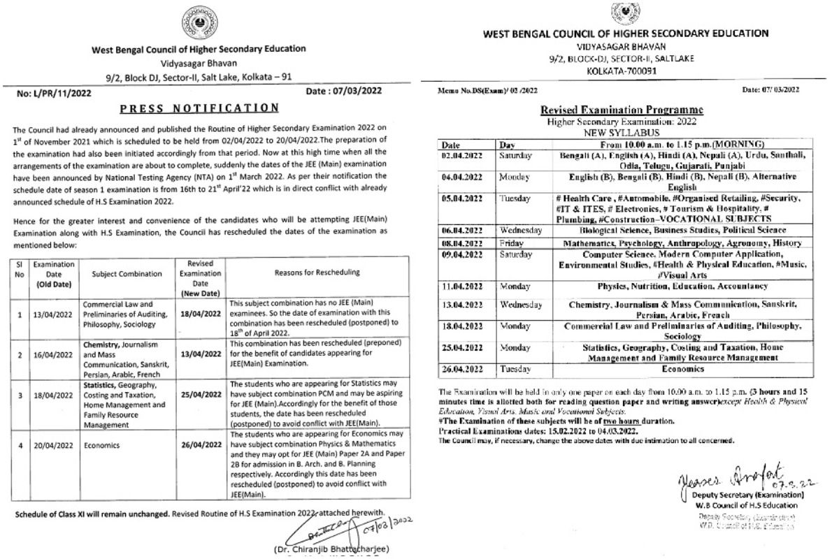 WBCHSE Class 12 Exams 2022 Dates Of Class 12 Bengal Board Exams Revised ...