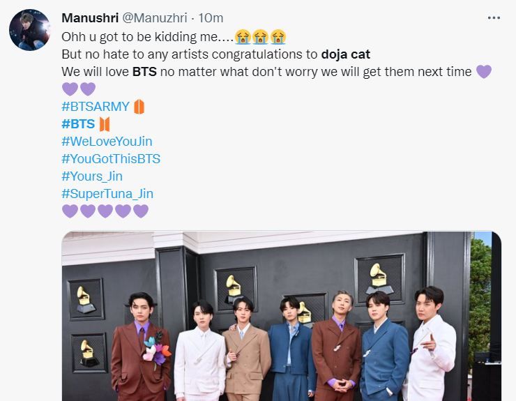 bts army reacts after BTS loses to Doja Cat at Grammy Awards 2022