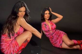 340px x 227px - Esha Gupta Dazzles in Hot Pink Rose Halter-Neck Dress And Poses Seductively  For Pics