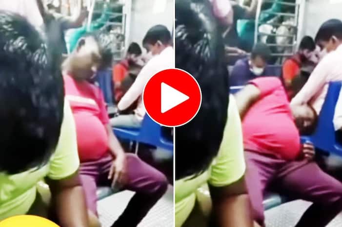 Viral Video: Exhausted Man Falls Off Seat While Sleeping in Local Train. Watch