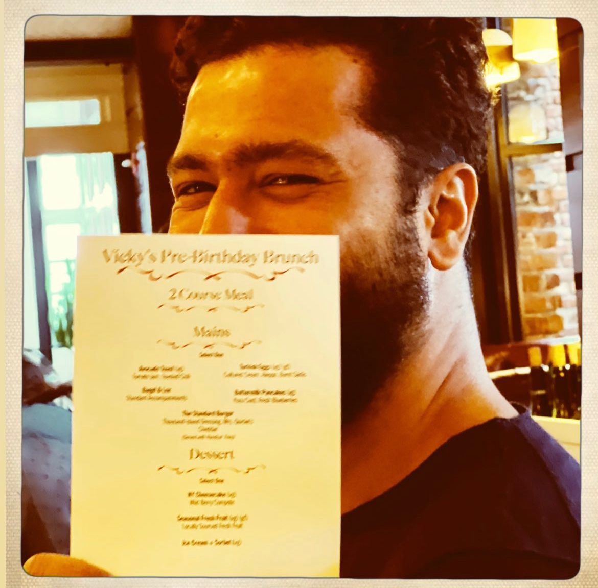 Katrina Kaif posted a lovely picture of Vicky Kaushal holding the brunch menu card on his birthday eve.