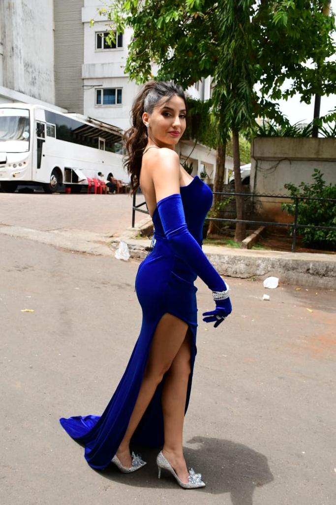 Nora Fatehi Sets The Temperature Soaring in Blue Strapless Thigh High Slit Gown - See Viral Photos