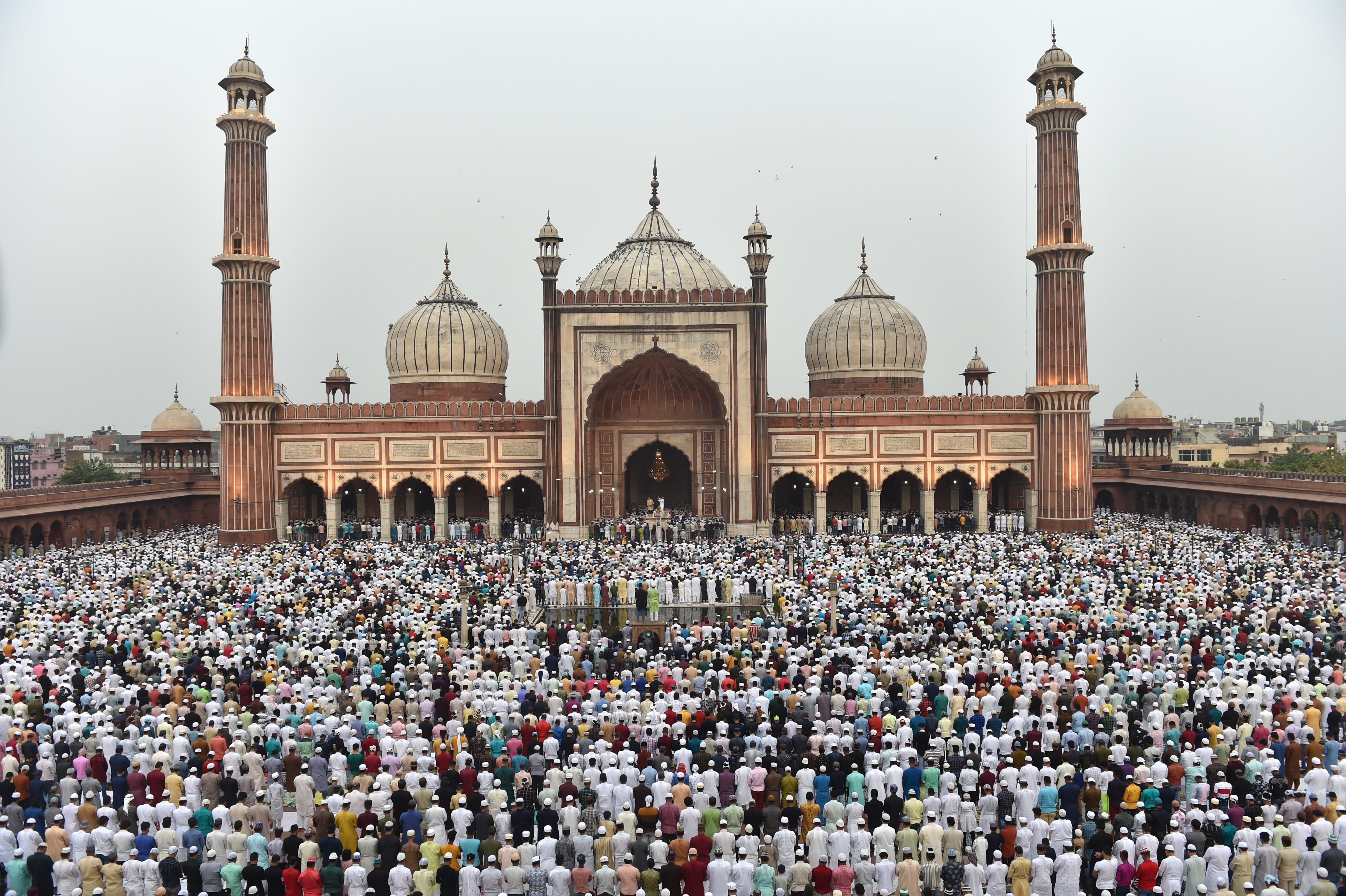 Muslims offer prayers at the Jama Masjid on the occasion of Eid-ul-Fitr, in old Delhi, Tuesday, May 3, 2022. Muslims across the world celebrate Eid with zeal and grandeur. (PTI Photo)