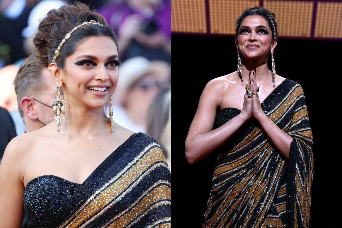 Cannes 2022: Deepika Padukone Represents Indian Culture in Sabyasachi  Golden-Black Striped Shimmery Saree with Golden Matha Patti