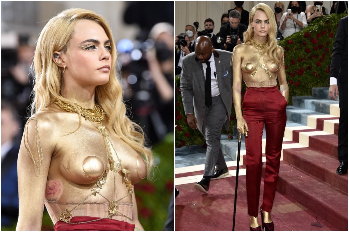 Met Gala Cara Delevingne Goes Topless Strips Off Her Jacket On Red Carpet