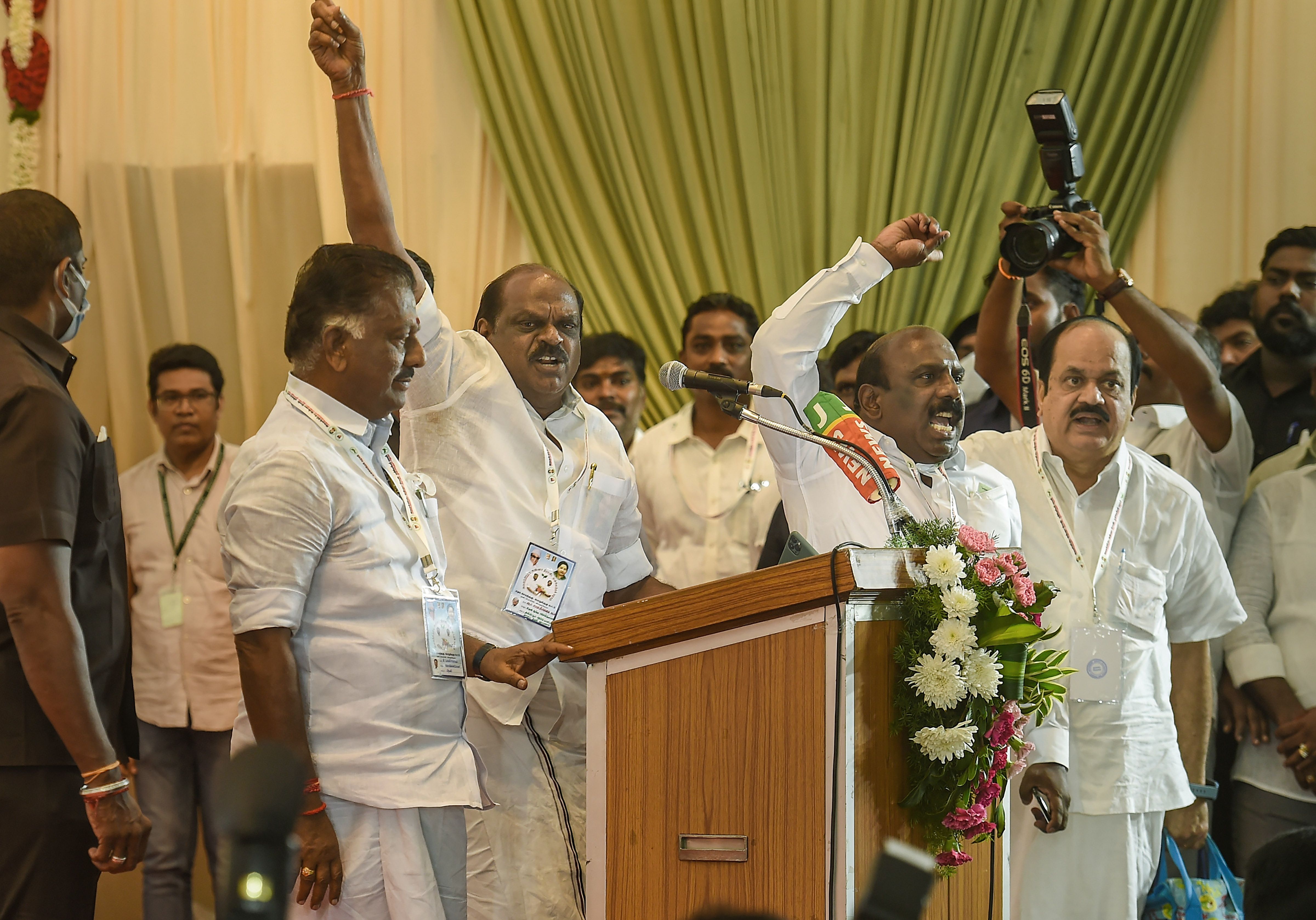 AIADMK co-coordinator O. Panneerselvam leaves in the middle of the partys during the partys General Council Meeting, in Chennai, Thursday, June 23, 2022. (PTI Photo/R Senthil Kumar)