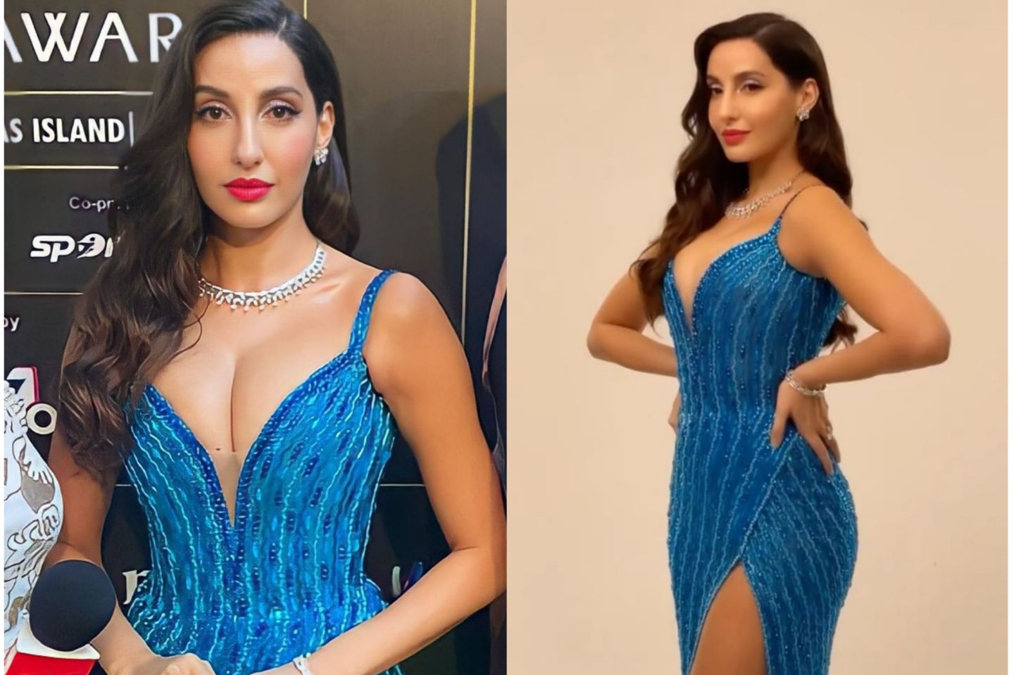 Nora Fatehi Oozes Glamour In Shimmery Blue Thigh High Slit Gown Steals The Show At Iifa Awards