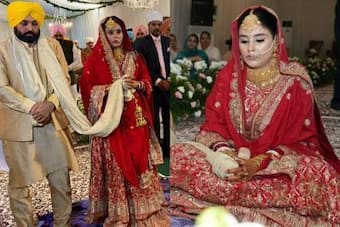 Gurpreet Kaur Bridal Look: Bhagwant Mann Wife Wears Red Anarkali Lehenga  And lots of Gold Jewellery - See Pics