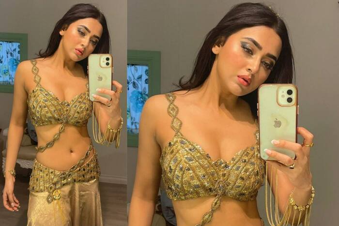 Tejasswi Prakash Flaunts Hot Waistline In Golden Blouse And Embellished Skirt Check Bts From 1834