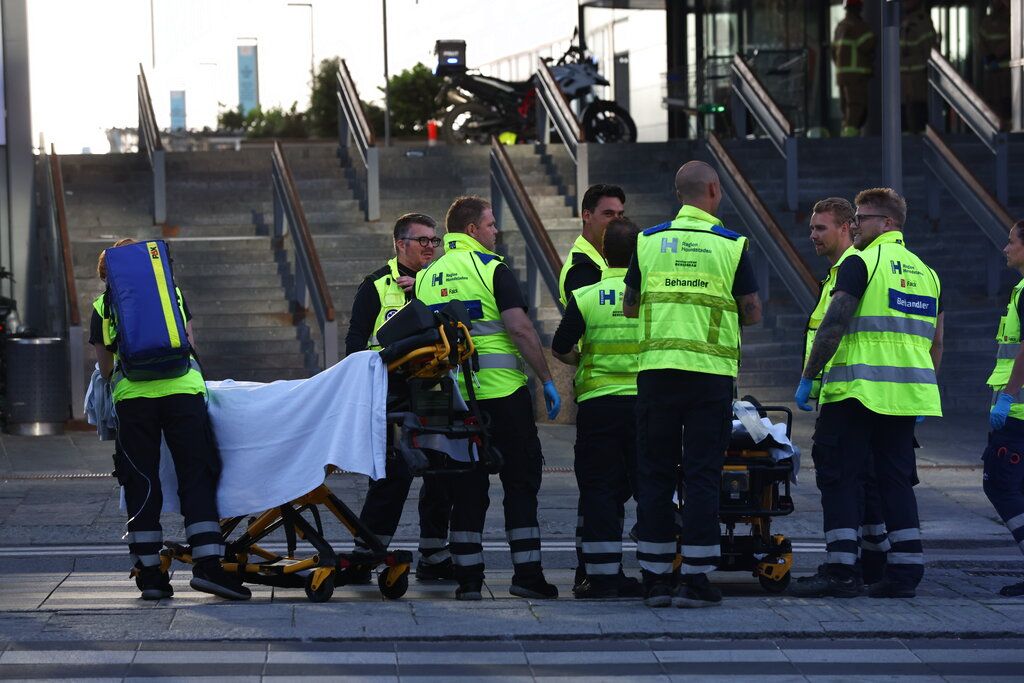 Emergency services at the Field's shopping center after a shooting, in Copenhagen, Denmark, Sunday, July 3, 2022. Danish police say several people have been shot at a Copenhagen shopping mall. Copenhagen police said that one person has been arrested in connection with the shooting at the Field’s shopping mall on Sunday. Police tweeted that several people have been hit but gave no other details. (Olafur Steinar Gestsson/Ritzau Scanpix via AP)