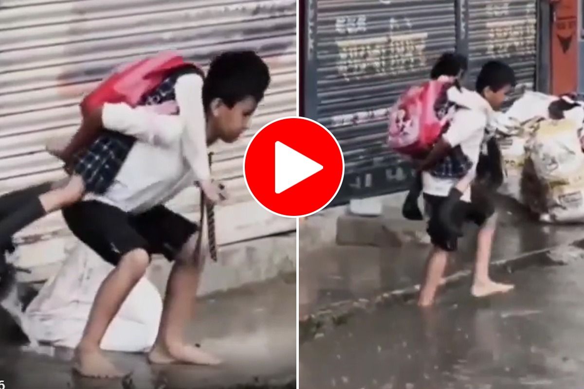 1200px x 800px - Viral Video: Sweet Brother Carries Little Sister on Back to Walk Through  Waterlogged Road. Watch