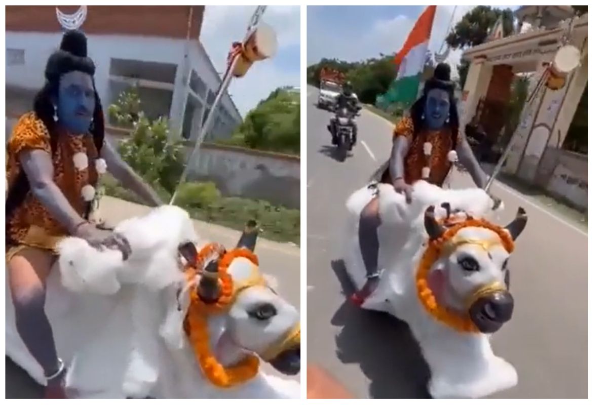 Kanwar Yatra 2022: Varanasi Man Dressed As Lord Shiva Rides Nandi Bike,  People Take Selfies With Him | Watch