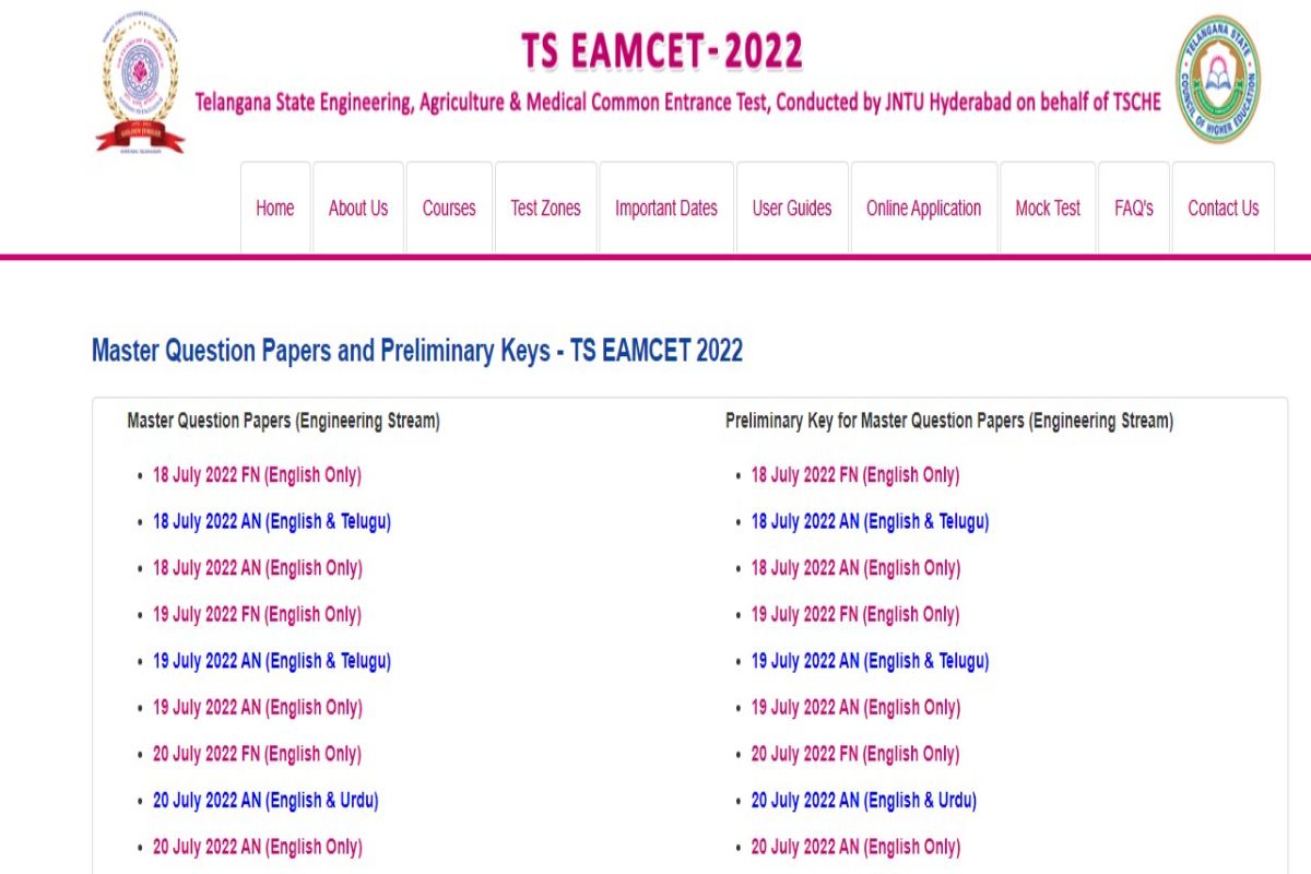 TS EAMCET Answer Key 2022 Released For Engineering Stream At Eamcet
