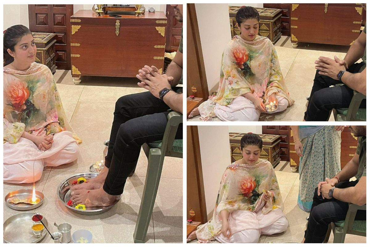 Pranitha Subhash Hits Back at Trolls Criticising Her Pic Sitting at Husband’s Feet For ‘Bheemana Amavasya Puja’