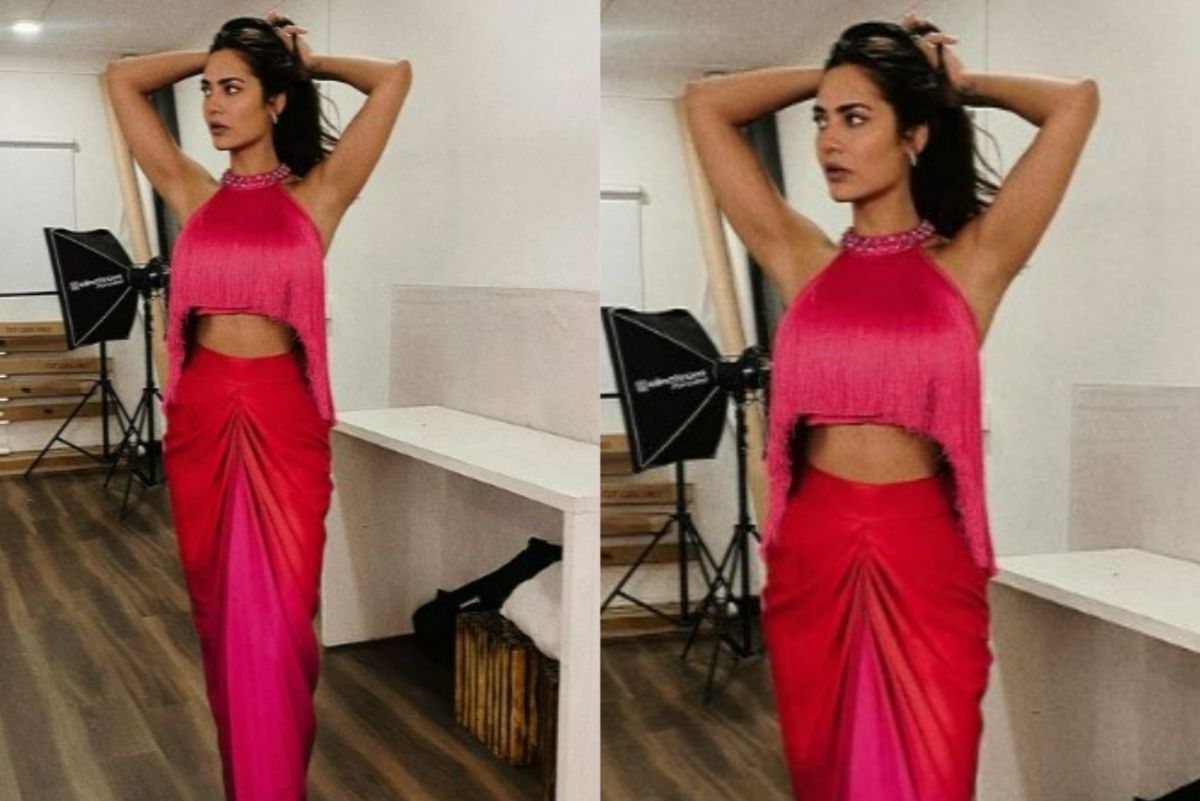 Esha Gupta Flaunts Midriff in Gorgeous Red Jewelled Halter Top And Drape Skirt Worth Rs 31,200