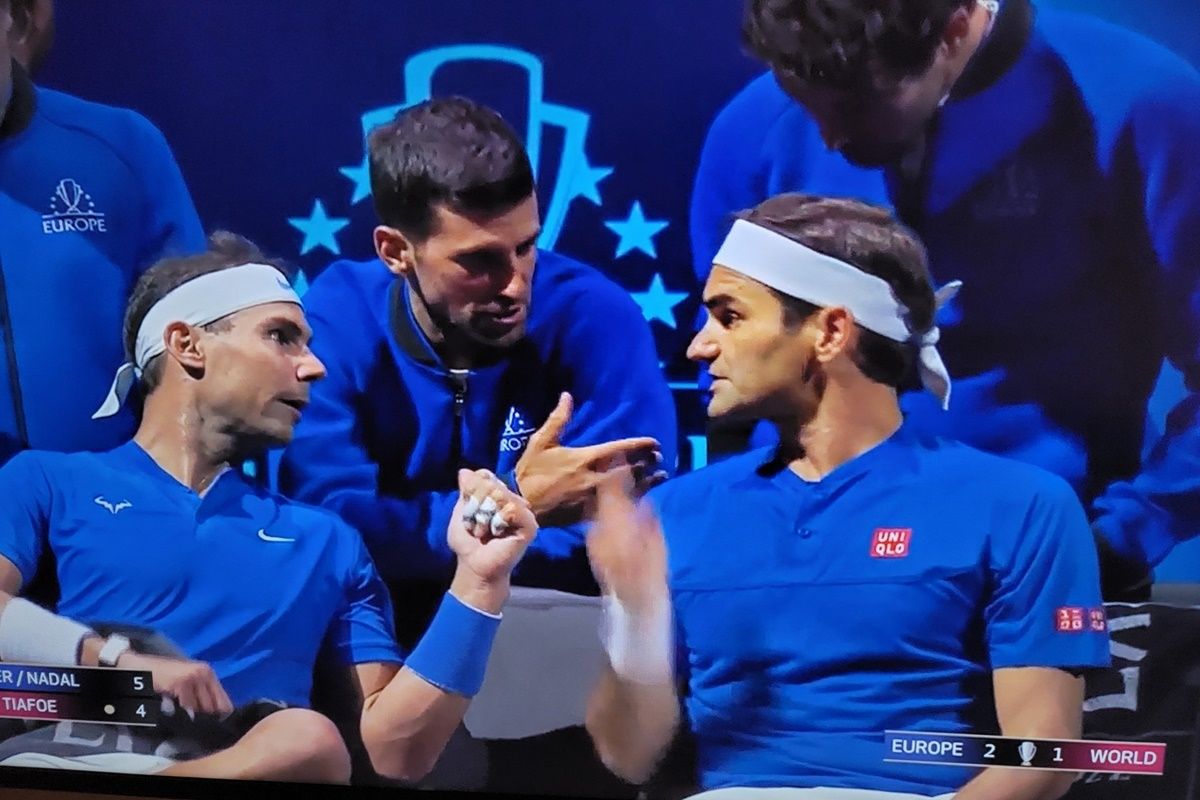 Novak Djokovic Coaching Roger Federer-Rafael Nadal During Laver Cup Match  is Surreal; PICS go VIRAL
