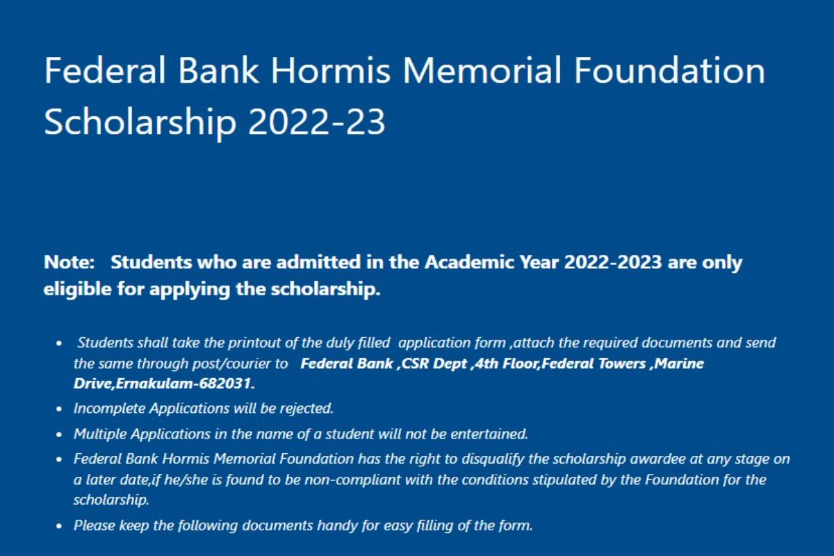 Federal Bank Hormis Memorial Scholarship 2022-23 Registration Begins